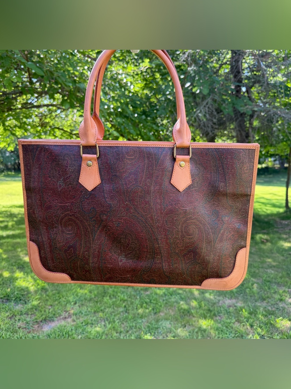 Vintage Etro Milano Paisley Coated Canvas Leather Trim Open Tote Made in Italy